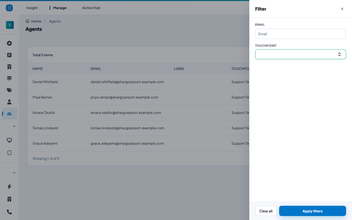Filter agents The filter panel with email and touchpoint fields