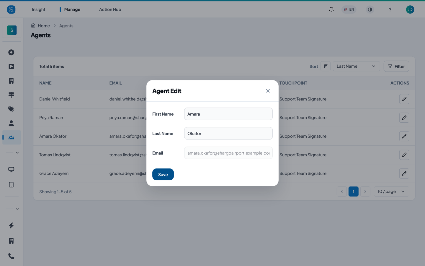 Edit an agent The Agent Edit dialog with first name, last name and email