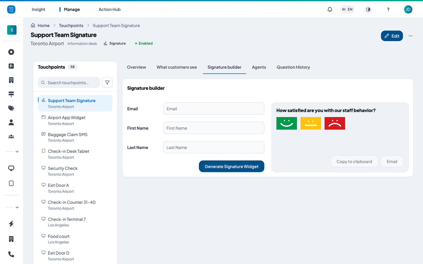 Create an agent on a Signature touchpoint The Signature builder tab with email and name fields and the widget preview