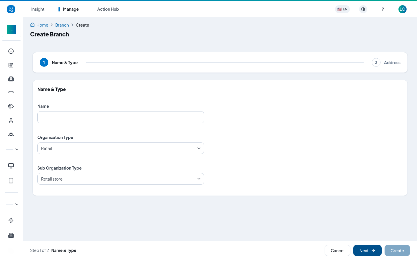 Create Branch - Name and Type Create branch, step 1
