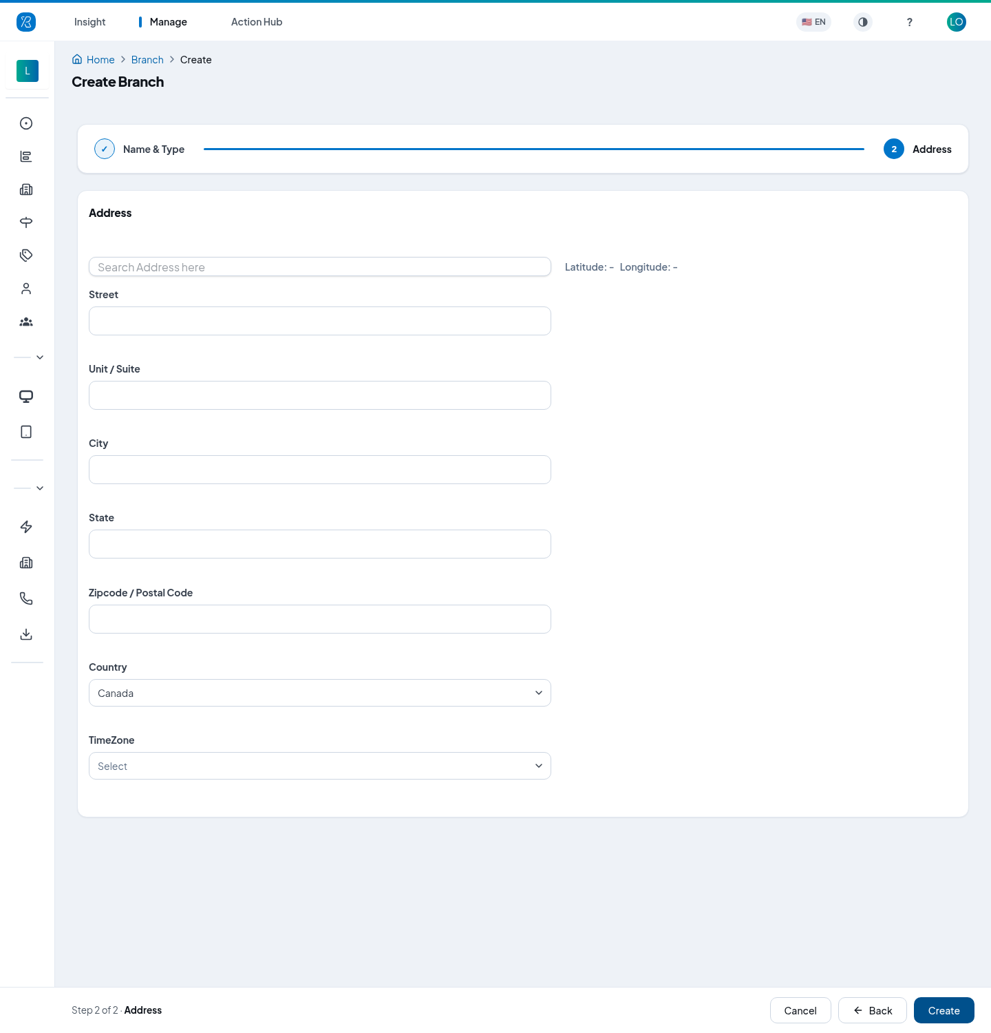 Create Branch - Address Create branch, step 2