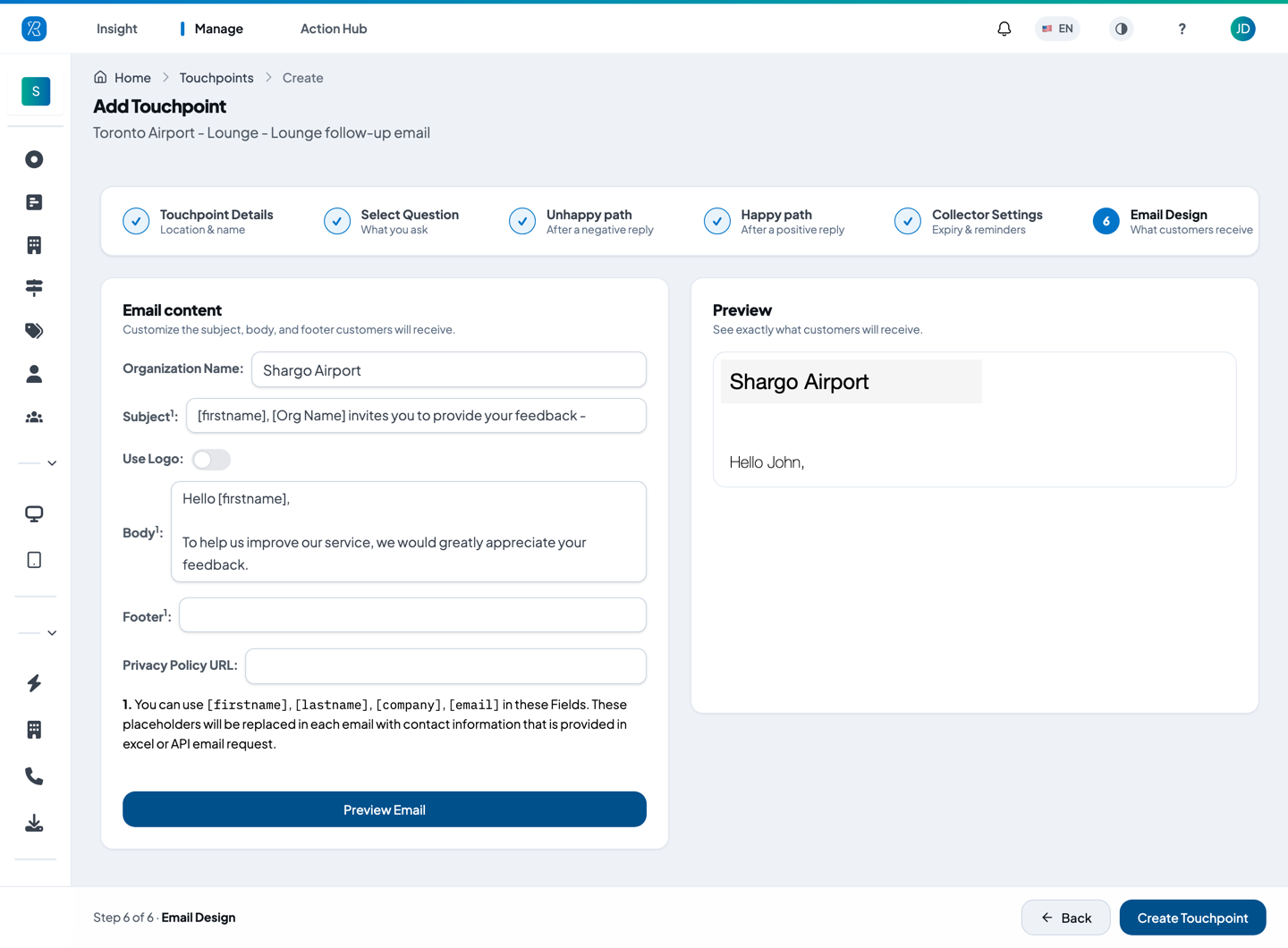 Email Design Email content, with the live preview beside it