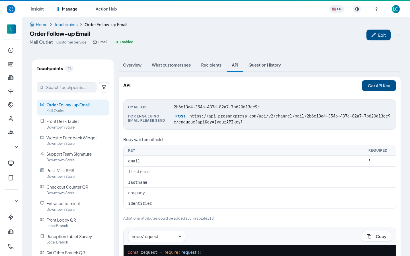 The API tab on an Email touchpoint