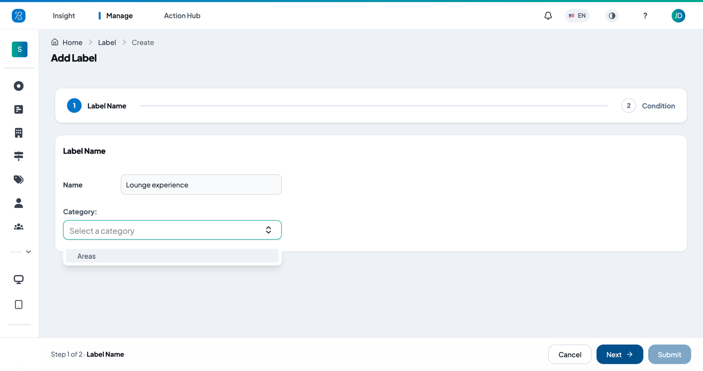 Add Label - name and category Step 1 of Add Label: name and category