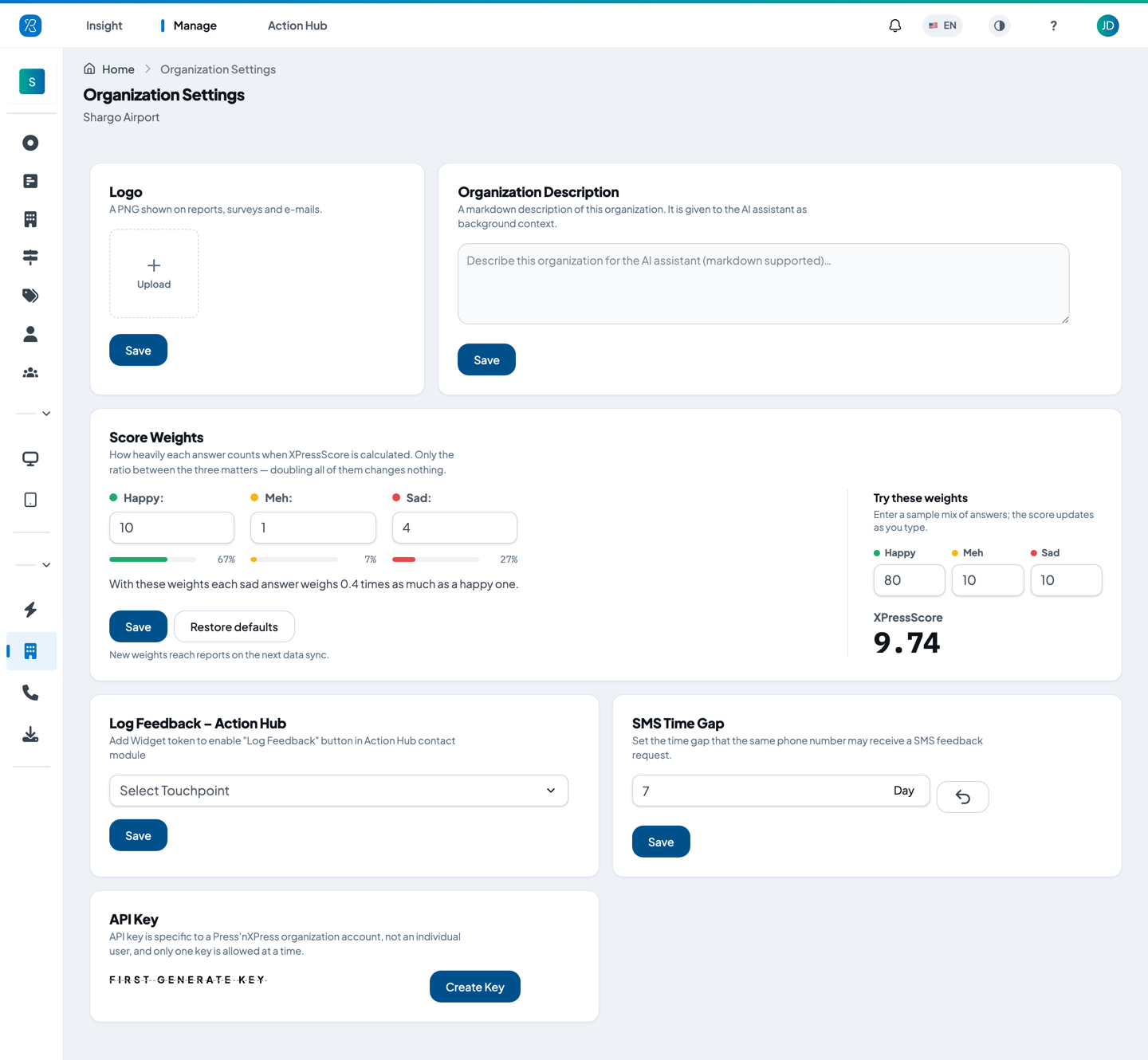 The Organization Settings page