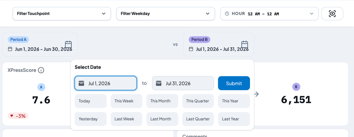 The Select Date panel open, with from and to boxes and ten date shortcuts