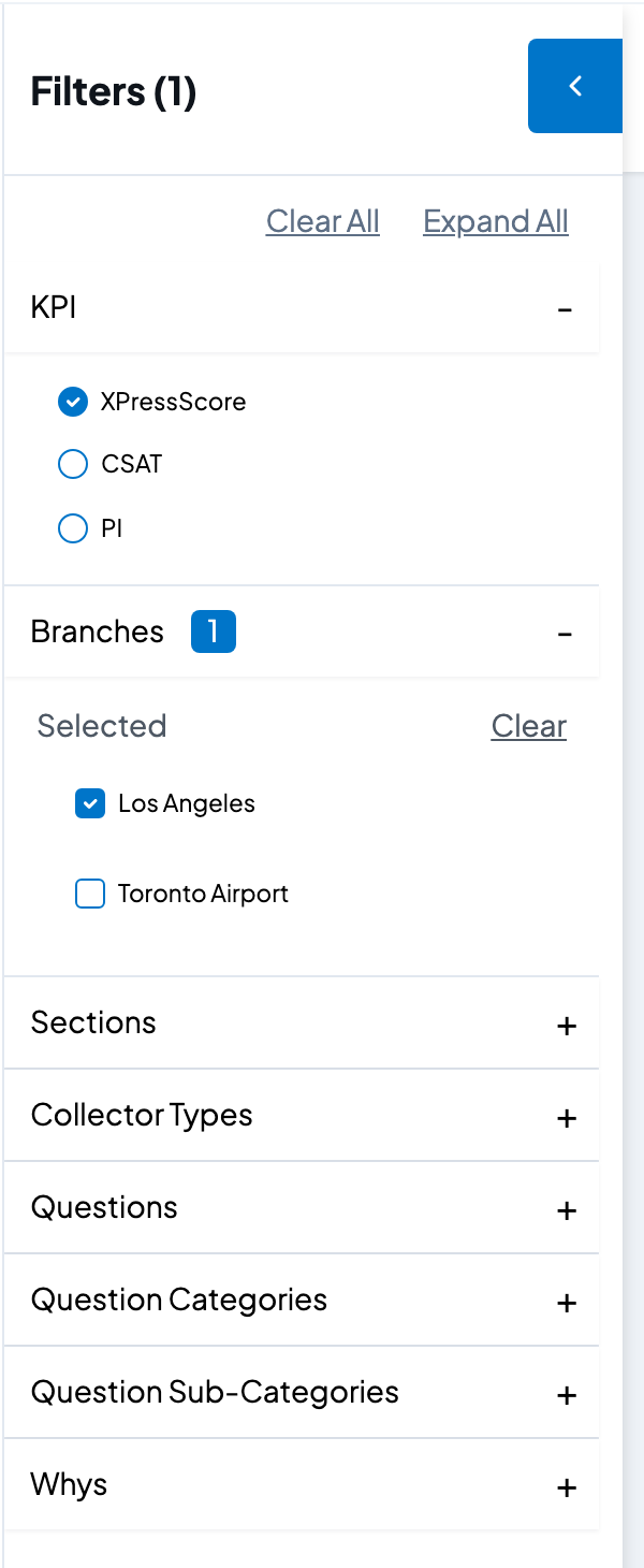 The left filter panel with one branch ticked, showing the Clear All link and a count badge