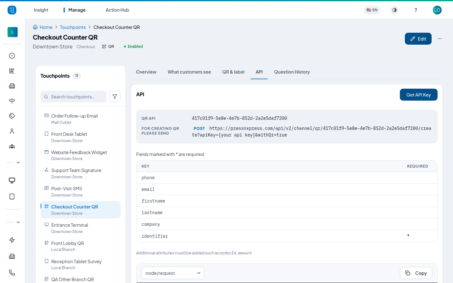 The API tab on a QR touchpoint