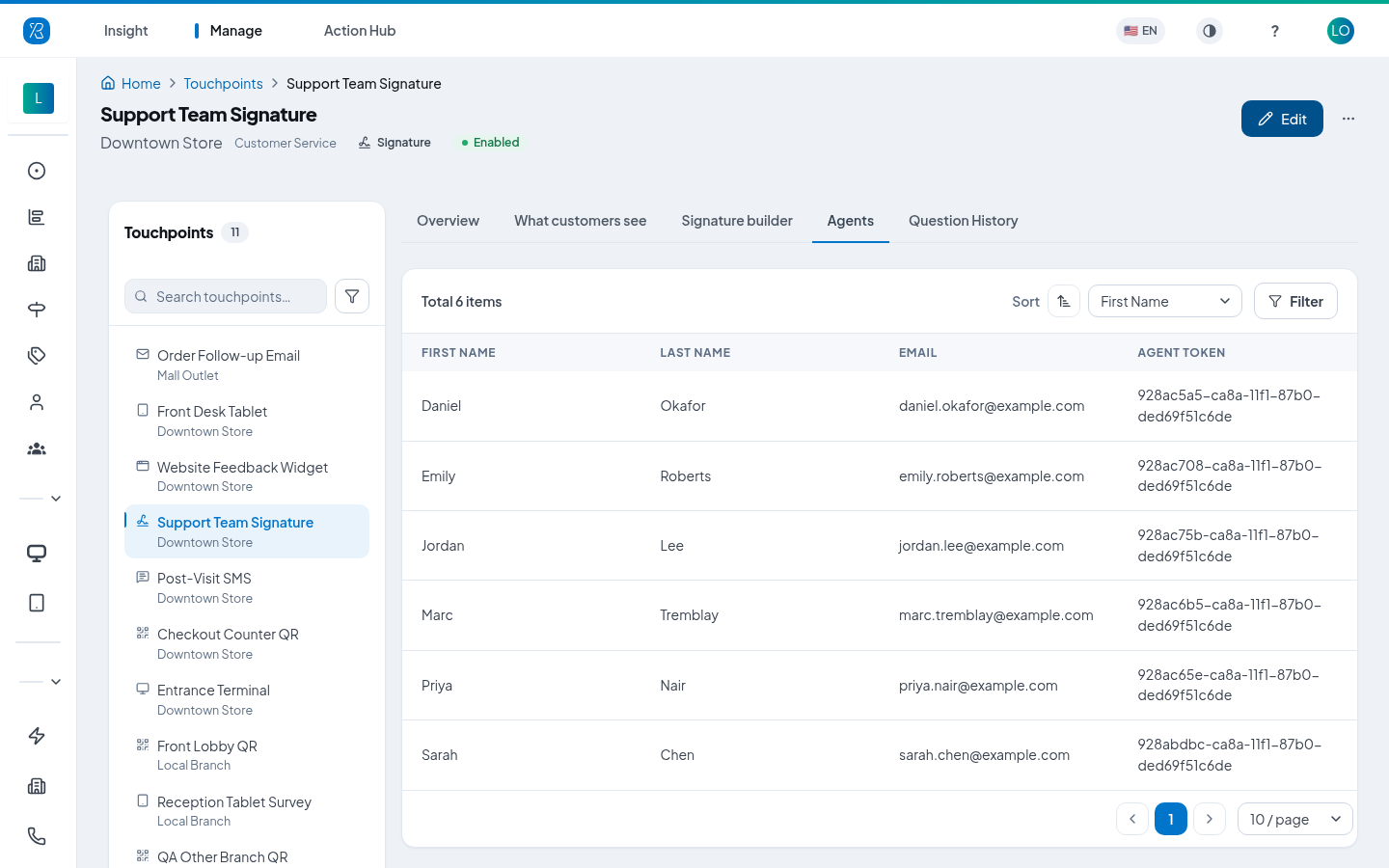 Agents Agents tab listing the people attached to the signature touchpoint