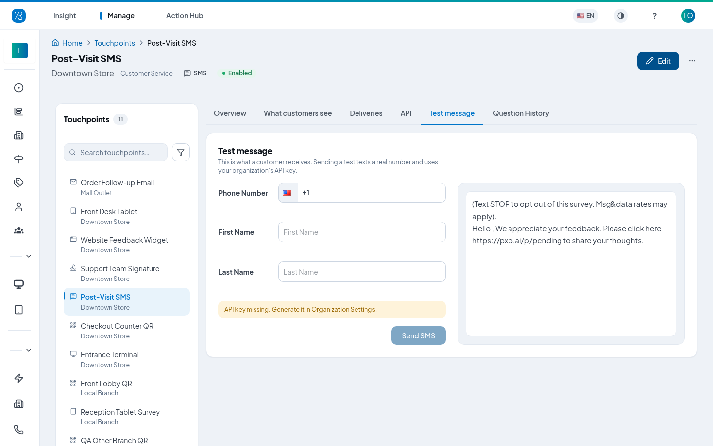 Send a test message The Test message tab with the send form open