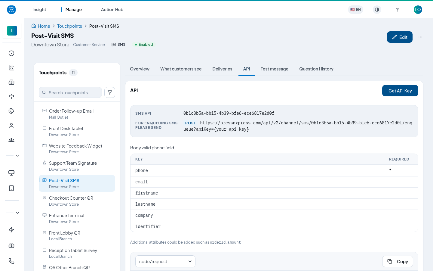 The API tab on an SMS touchpoint