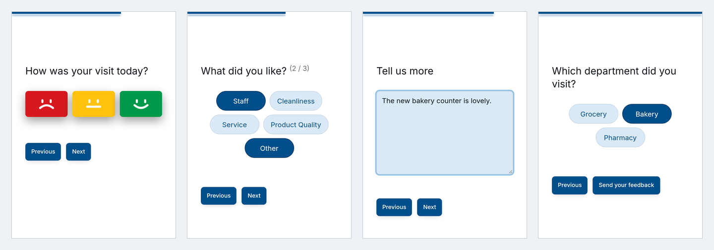 Happy path A happy customer: smiley rating, "What did you like?" as chips, "Tell us more" after Other, and the department question