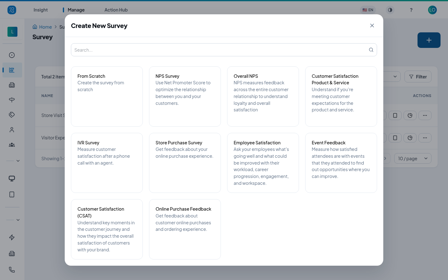 Create New Survey Choosing a survey template