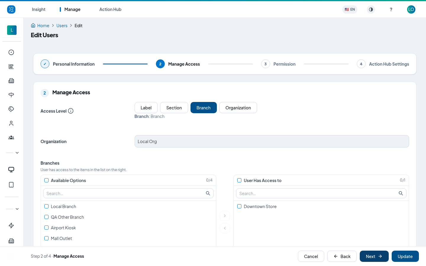 Manage Access, branch level