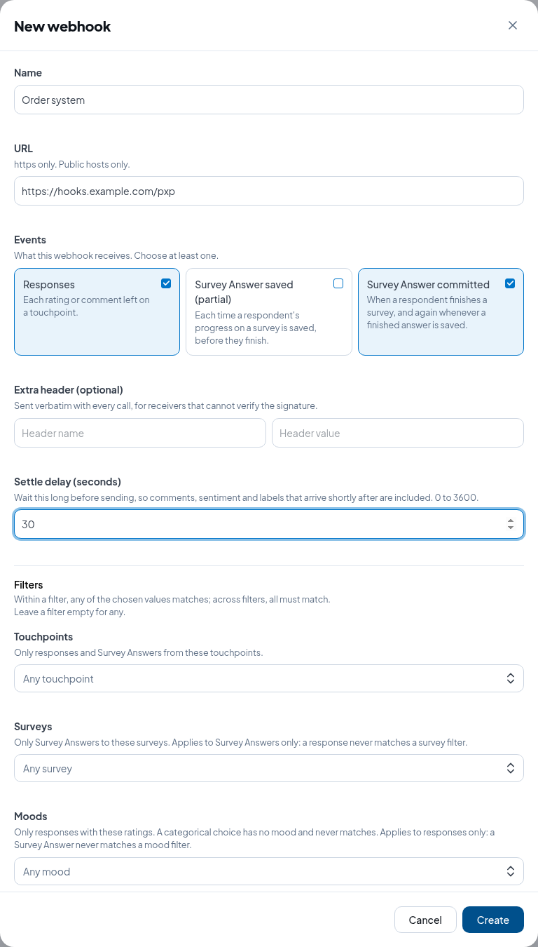 The New webhook window
